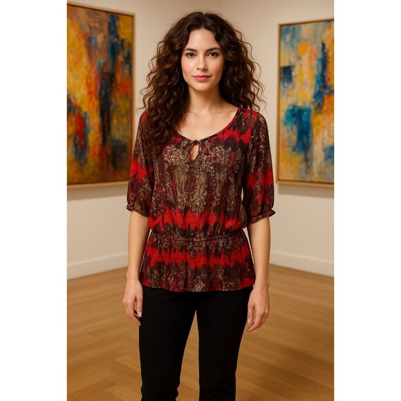 AGB XL Sheer Lace Tunic Red Black Snake Tie Neck Blouse Romantic Abstract Print - Picture 3 of 11